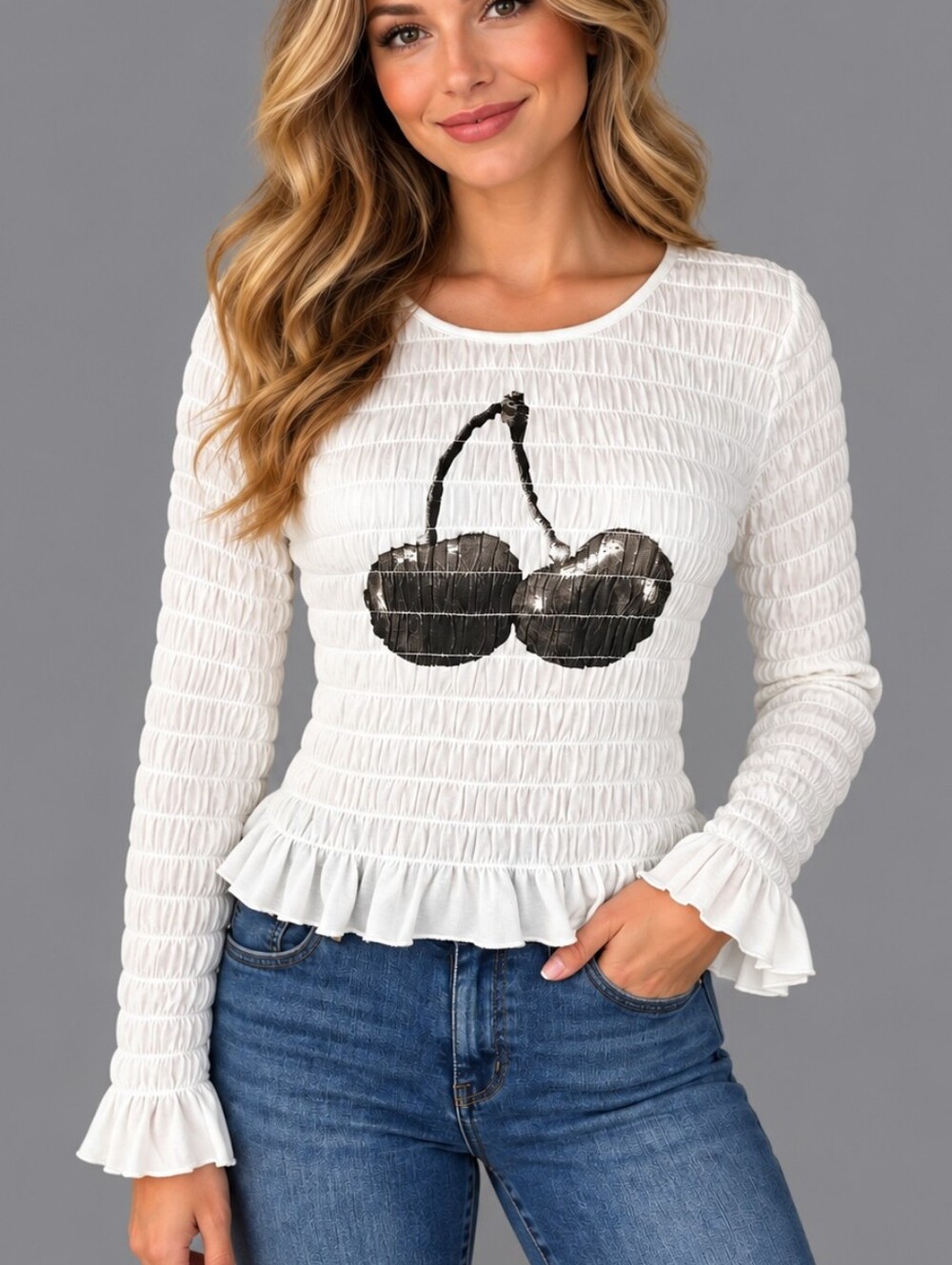 MISS CHIEVOUS Black & White Smock Ruched Cherries Graphic Long-Sleeve Top
